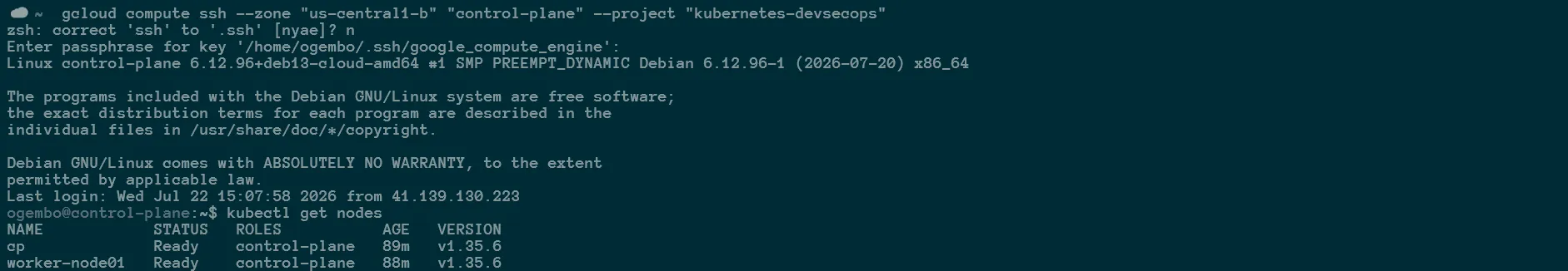 SSH session on the Kubernetes control plane