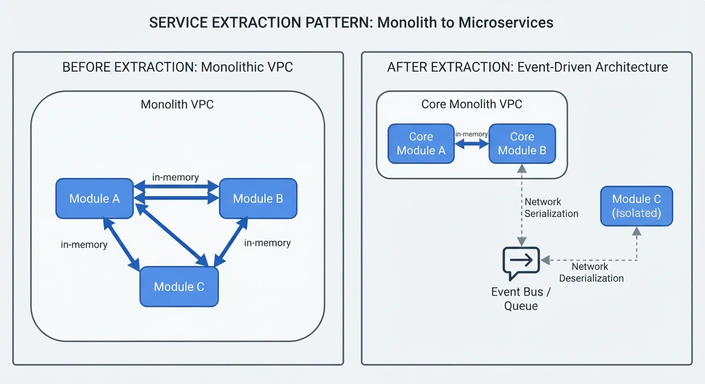 Diagram showing the selective service extraction pattern from modular monolith to isolated microservice